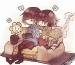  2others boots brown_footwear brown_hair brown_legwear brown_shorts butterscotch_pie candy chara_(undertale) chocolate chocolate_bar closed_eyes closed_mouth commentary couch cup drinking_glass english_commentary flower flowey_(undertale) food fork frisk_(undertale) handheld_game_console heart heart_pillow holding holding_handheld_game_console juice kasuga_haruhi multiple_others napkin nintendo_switch open_mouth orange_juice pie pillow plate playing_games pot red_eyes rug short_hair shorts spoken_emoji spoken_squiggle squiggle tray undertale yellow_flower 
