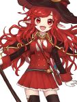  1girl bag dungeon_and_fighter fang female_mage_(dungeon_and_fighter) fluocae gloves hat mage_(dungeon_and_fighter) pig_tail pointy_ears redhead satchel smile solo staff sticker_on_face tail thigh-highs upper_body witch_(dungeon_and_fighter) witch_hat 