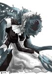  1other alternate_costume apron bloodborne ebrietas_daughter_of_the_cosmos eldritch_abomination enmaided frilled_apron frills green_eyes grey_background highres hunched_over kiwa_(soek) maid maid_apron maid_day maid_headdress signature simple_background sketch solo tentacles wings 