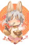  1other :3 animal_ears artist_name blush bowl brown_fur chopsticks closed_eyes commentary_request cropped_torso eating eyebrows_visible_through_hair facing_viewer food furry grey_hair hands_up happy heart highres holding holding_bowl holding_chopsticks made_in_abyss mumu_yu_mu nanachi_(made_in_abyss) noodles orange_background other_focus outline shippou_(pattern) short_hair smile solo steam topless upper_body whiskers white_background white_outline 