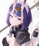  1girl alternate_costume bangs blush bob_cut bow bowtie breasts detached_collar enmaided eyeliner fate/grand_order fate_(series) frills head_tilt headpiece horns looking_at_viewer maid maid_headdress makeup mop oni oni_horns puffy_short_sleeves puffy_sleeves purple_hair short_eyebrows short_hair short_sleeves shuten_douji_(fate) simple_background skin-covered_horns small_breasts solo taino_kou upper_body violet_eyes white_background wrist_cuffs 