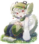  1girl akamtvahosi animal animal_ears animal_hands animal_on_lap blue_pants breasts bright_pupils claws full_body furry green_headwear green_pants grey_fur hat heart highres knees_up looking_at_viewer made_in_abyss medium_breasts meinya_(made_in_abyss) on_grass on_ground on_lap pants prushka_(furry) red_eyes sitting solo tail topless upper_body white_pupils 
