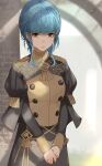  1girl bangs blue_hair blunt_bangs braid brown_eyes buttons closed_mouth crown_braid epaulettes expressionless fire_emblem fire_emblem:_three_houses garreg_mach_monastery_uniform haru_(nakajou-28) highres juliet_sleeves lips long_sleeves looking_at_viewer marianne_von_edmund own_hands_together pink_lips puffy_sleeves shadow short_hair sidelocks solo sunlight uniform 