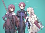  3girls arm_grab armor bazett_fraga_mcremitz bodysuit breasts covered_navel cowboy_shot fate/grand_order fate_(series) gae_bolg_(fate) hair_intakes height_difference highres holding_another&#039;s_arm kassan_(kassan_5a) large_breasts looking_at_another manannan_mac_lir_(fate) manannan_mac_lir_(second_ascension)_(fate) medb_(fate) mole multiple_girls pauldrons pink_hair polearm purple_hair red_eyes scathach_(fate) short_hair shoulder_armor size_difference smile spear tiara weapon yellow_eyes 