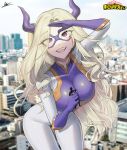  1girl 1other :d absurdres arm_up bangs bil-ajeossi blonde_hair blurry blurry_background bodysuit boku_no_hero_academia breasts cityscape commentary copyright_name depth_of_field elbow_gloves english_commentary eye_mask eyebrows_visible_through_hair eyes_visible_through_hair giant giantess gloves highres holding_person horns large_breasts long_hair mount_lady parted_bangs purple_gloves signature smile solo_focus teeth upper_teeth very_long_hair violet_eyes white_bodysuit 