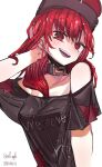  1girl :d asuku_(69-1-31) bangs black_collar black_shirt collar commentary dated english_text hair_between_eyes hand_on_own_head hecatia_lapislazuli looking_at_viewer medium_hair off-shoulder_shirt off_shoulder orb polos_crown red_eyes redhead shirt short_hair signature smile solo t-shirt teeth touhou upper_body upper_teeth 