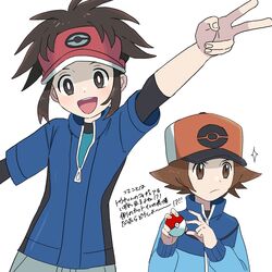  2boys :d arm_up bangs blue_jacket bodysuit bodysuit_under_clothes brown_eyes brown_hair closed_mouth commentary_request hat highres hilbert_(pokemon) holding holding_poke_ball jacket long_sleeves male_focus multiple_boys nate_(pokemon) open_mouth parted_bangs poke_ball poke_ball_(basic) pokemon pokemon_(game) pokemon_bw pokemon_bw2 red_headwear sana_(37pisana) short_hair smile sparkle teeth tongue translation_request upper_teeth v visor_cap zipper_pull_tab 