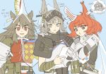  3girls :o animal_ears arknights arm_wrap armor ashlock_(arknights) belt_pouch blue_background bonjirix breastplate brown_eyes brown_hair ear_covers ear_tag earpiece ears_through_headwear english_text eyebrows_visible_through_hair fartooth_(arknights) flametail_(arknights) gauntlets green_bag grey_eyes grey_hair grey_shirt highres holding holding_paper horse_ears looking_at_viewer multiple_girls open_mouth orange_eyes orange_shirt paper pouch redhead shirt simple_background spoken_character squirrel_ears thick_eyebrows thought_bubble upper_body v-shaped_eyebrows visor_(armor) wild_mane_(arknights) 