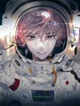  1boy astronaut blue_eyes bubble crack cracked_glass crying crying_with_eyes_open english_text fang glaring helmet highres japanese_flag looking_at_viewer male_focus microphone original pafujojo pink_hair portrait radio short_hair skin_fang solo space space_helmet spacesuit star_(sky) tears 