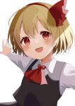  1girl :d ascot bangs black_vest blonde_hair collared_shirt eyebrows_visible_through_hair hairband highres kamachi_(kamati0maru) long_sleeves looking_at_viewer open_mouth outstretched_arms red_ascot red_eyes red_hairband rumia shirt short_hair simple_background smile solo touhou upper_body vest white_background white_shirt 