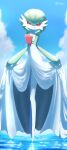  1girl artist_name bangs blue_background blue_sky bob_cut bright_pupils closed_mouth clouds colored_skin commentary_request curtsey day flat_chest full_body gardevoir green_hair green_skin hair_between_eyes happy head_tilt highres legs legs_together lifted_by_self looking_at_viewer multicolored_skin on_water outdoors partial_commentary pokemon pokemon_(creature) red_eyes short_hair signature sky smile solo standing tsukkon twitter_username two-tone_skin water white_pupils white_skin 