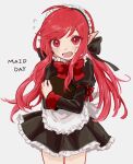  1girl bare_legs big_eyes blush dungeon_and_fighter fang female_mage_(dungeon_and_fighter) fluocae grey_background mage_(dungeon_and_fighter) maid maid_day pointy_ears redhead ribbon solo twintails upper_body witch_(dungeon_and_fighter) 