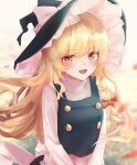  1girl apron back_bow bangs black_dress black_headwear blonde_hair blurry blurry_background blush bow braid breasts brown_bow brown_eyes buttons commentary_request dress eyebrows_visible_through_hair eyes_visible_through_hair frills grass hair_between_eyes hair_bow hat hat_bow highres kirisame_marisa long_hair long_sleeves looking_at_viewer medium_breasts open_mouth orange_bow petals shirt single_braid smile solo standing taguno teeth tongue touhou upper_body white_apron white_bow white_shirt witch_hat yellow_background 