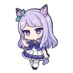  1girl :&lt; animal_ears bangs black_footwear blush bow chibi closed_mouth commentary_request ear_ribbon eyebrows_visible_through_hair full_body green_ribbon hand_up horse_ears horse_girl horse_tail long_hair looking_at_viewer mejiro_mcqueen_(umamusume) nozo_(hitomiz) pleated_skirt puffy_short_sleeves puffy_sleeves purple_bow purple_hair purple_shirt ribbon school_uniform shirt shoes short_sleeves simple_background skirt solo standing swept_bangs tail thigh-highs tracen_school_uniform umamusume very_long_hair violet_eyes white_background white_legwear white_skirt 