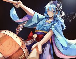  1girl absurdres black_background blue_eyes blue_hair blue_nails braid drum earrings flower foreshortening hair_flower hair_ornament hakama hat highres hololive hoshimachi_suisei instrument japanese_clothes jewelry kimono long_hair maruno_ball nail_polish obi sash simple_background smile solo taiko_drum twin_braids virtual_youtuber 