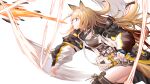  1girl animal_ears arknights belt boots ceobe_(arknights) cowboy_shot dog_ears highres infection_monitor_(arknights) jacket light_brown_hair long_hair originium_(arknights) originium_arts_(arknights) pixel_(user_pkds3458) pouty_lips puffy_sleeves simple_background solo speed_lines thigh-highs thigh_boots throwing white_background 