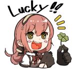  +_+ 1girl amonitto bangs black_gloves blush_stickers closed_mouth clover english_text eyebrows_visible_through_hair four-leaf_clover girls_frontline gloves green_eyes hair_between_eyes holding_clover open_mouth pink_hair r93_(girls&#039;_frontline) smile solo symbol-shaped_pupils teeth upper_body upper_teeth 