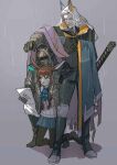  1boy 1girl 1other amiya_(arknights) animal_ears arknights ascot beard belt blue_skirt brown_hair closed_eyes coat coat_on_shoulders covering dagger doctor_(arknights) facial_hair head_wings hellagur_(arknights) highres holding holding_tablet_pc knife long_hair no_jacket oaza rabbit_ears rain sheath sheathed shirt skirt smile sword_hilt tablet_pc thigh-highs torn_clothes torn_coat weapon white_hair white_shirt 