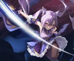  1girl bare_shoulders bow breasts brown_legwear cowboy_shot daniel_deng dress earrings frilled_skirt frilled_sleeves frills genshin_impact gloves hair_bow hair_bun highres holding holding_sword holding_weapon jewelry keqing_(genshin_impact) looking_at_viewer medium_breasts pantyhose purple_background purple_dress purple_gloves purple_hair simple_background skirt slashing solo sword thighs twintails violet_eyes weapon wind wind_lift 