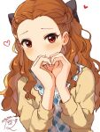  1girl blush braid brown_hair cardigan forehead french_braid half_updo heart heart_hands highres idolmaster idolmaster_cinderella_girls looking_at_viewer mmmakaron888 own_hands_together red_eyes seki_hiromi signature simple_background smile solo upper_body wavy_hair white_background yellow_cardigan 
