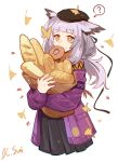  1girl ? animal_ears arknights bag baguette bangs beret bird_ears bread cropped_legs doughnut eyebrows_visible_through_hair falling_leaves falling_petals food food_in_mouth food_on_face grey_hair hair_tie hat holding holding_bag jacket leaf long_hair long_sleeves low_ponytail owl_ears owl_girl petals ptilopsis_(arknights) ptilopsis_(serenity)_(arknights) pullover purple_jacket raisin_bread signature simple_background solo speech_bubble sui_(blackcatsui_yoi) white_background yellow_eyes 