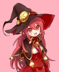  1girl dungeon_and_fighter fang female_mage_(dungeon_and_fighter) fluocae hat long_hair mage_(dungeon_and_fighter) open_mouth red_eyes redhead short_twintails sticker_on_face twintails upper_body witch witch_(dungeon_and_fighter) witch_hat 