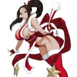  1girl black_eyes black_hair breasts christmas closed_fan fatal_fury fingerless_gloves folding_fan fur-trimmed_gloves fur-trimmed_legwear fur_trim gloves hand_fan high_ponytail highres korean_commentary large_breasts long_hair looking_at_viewer loped ninja parted_lips pelvic_curtain ponytail red_legwear revealing_clothes sash shiranui_mai simple_background solo the_king_of_fighters thigh-highs thighs white_background 