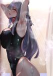  1girl against_wall andou_you armpits arms_up bangs black_swimsuit blurry blurry_background braid breast_press breasts commentary_request competition_swimsuit covered_nipples eyebrows_visible_through_hair grey_hair highleg large_breasts long_hair one-piece_swimsuit open_mouth original presenting_armpit red_eyes shower_(place) sidelocks solo standing swimsuit wet 