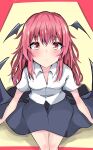  1girl bangs black_skirt blush breasts eyebrows_visible_through_hair feet_out_of_frame from_above head_wings highres koakuma long_hair nono54558 red_eyes redhead shirt short_sleeves sitting skirt solo touhou white_shirt wings 