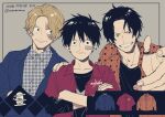  3boys alternate_costume bandages black_hair blonde_hair clenched_teeth crossed_arms highres looking_at_another looking_at_viewer male_focus monkey_d._luffy multiple_boys nata_kokone one_piece portgas_d._ace sabo_(one_piece) scar scar_across_eye short_hair smile teeth 
