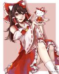  2girls animal_ears ascot bare_shoulders blush border bow brown_eyes brown_footwear brown_hair cat cat_ears collared_vest commentary_request cosplay crossover eyelashes foot_out_of_frame frilled_bow frilled_skirt frills hair_bow hair_tubes hakurei_reimu hakurei_reimu_(cosplay) happy hat hat_bow hello_kitty hello_kitty_(character) hello_kitty_(character)_(cosplay) highres holding hoshiringo0902 kneehighs lips long_hair multiple_girls open_mouth red_background red_bow red_footwear red_skirt red_vest ribbon-trimmed_sleeves ribbon_trim skirt teeth touhou upper_teeth vest white_border white_cat white_legwear white_sleeves wide_sleeves yellow_ascot 
