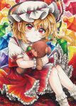 1girl absurdres blonde_hair bobby_socks brooch closed_mouth collared_shirt commentary_request crystal eyebrows_visible_through_hair feet_out_of_frame flandre_scarlet frilled_shirt_collar frilled_skirt frills green_brooch hair_between_eyes hat hat_ribbon head_tilt highres jewelry looking_at_viewer maa_(forsythia1729) marker_(medium) medium_hair mob_cap multicolored_wings object_hug puffy_short_sleeves puffy_sleeves rainbow_order red_eyes red_ribbon red_skirt red_vest ribbon ribbon-trimmed_headwear ribbon_trim shirt short_sleeves sitting skirt skirt_set smile socks solo stuffed_animal stuffed_toy teddy_bear touhou traditional_media vest white_headwear white_legwear white_shirt wings wrist_cuffs 