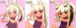  1girl 2016 2020 2022 ;d animal_ear_fluff animal_ears artist_progress bangs bare_shoulders blonde_hair blush breasts closed_mouth collar commentary_request covered_navel eyebrows_visible_through_hair fang hand_up heart heart-shaped_pupils highres leotard long_hair looking_at_viewer masurao_2_(sekaiju) multiple_views naga_u one_eye_closed ponytail purple_leotard rabbit_ears red_collar sekaiju_no_meikyuu sekaiju_no_meikyuu_5 small_breasts smile strapless strapless_leotard symbol-shaped_pupils thick_eyebrows upper_body very_long_hair violet_eyes wrist_cuffs 