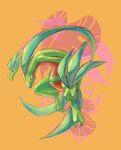  absurdres closed_mouth colored_sclera commentary_request full_body green_eyes grovyle highres looking_down masshu_(shu_123426) no_humans orange_background photoshop_(medium) pokemon pokemon_(creature) smile solo yellow_sclera 