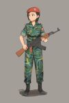  1girl absurdres ak-47 assault_rifle beret camouflage gun hat highres indonesia kalashnikov_rifle military military_uniform rifle soldier soviet19892009 uniform weapon 