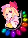  1girl black_background blonde_hair bow cropped_torso crystal eyebrows_visible_through_hair flandre_scarlet frills glowing hat looking_at_viewer mob_cap nail_polish own_hands_clasped own_hands_together puffy_short_sleeves puffy_sleeves red_eyes red_nails ribbon shirt short_sleeves simple_background smile solo touhou upper_body user_kcgn3755 vest white_shirt wings wrist_cuffs 