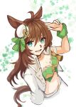  1girl :d ahoge animal_ears ao_(jiyou) arm_strap arm_up blue_eyes bow brown_hair choker commentary_request crop_top cropped_torso green_bow green_shirt hat hat_bow highres horse_ears jacket long_hair looking_at_viewer midriff mini_hat mr._c.b._(umamusume) navel open_clothes open_jacket open_mouth partial_commentary shirt single_sleeve smile solo stomach strapless strapless_shirt umamusume upper_body white_headwear white_jacket wrist_cuffs 