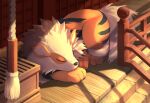  arcanine boriku_(auuc3857) closed_eyes closed_mouth commentary_request fang fang_out fence lying no_humans on_stomach pokemon pokemon_(creature) rope sleeping solo wooden_floor 
