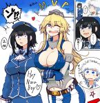  1boy 2girls admiral_(kancolle) american_flag american_flag_legwear american_flag_print ascot asymmetrical_legwear beret black_hair black_legwear blonde_hair blue_eyes blue_headwear blue_jacket blue_sky boots clouds cloudy_sky collared_shirt commentary_request eyebrows_visible_through_hair fingerless_gloves flag_print front-tie_top garter_straps gloves hair_between_eyes hat headgear heart highres ifs_(sakagami_syu) iowa_(kancolle) jacket kantai_collection long_sleeves military military_uniform miniskirt mismatched_legwear multiple_girls one_eye_closed open_mouth outdoors red_eyes shirt short_hair skirt sky star-shaped_pupils star_(symbol) striped striped_legwear striped_skirt sweatdrop symbol-shaped_pupils takao_(kancolle) thigh-highs translation_request uniform vertical-striped_legwear vertical-striped_skirt vertical_stripes 