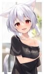  1girl :d animal_ear_fluff animal_ears arm_under_breasts bangs black_shirt blurry blurry_background blush breasts cat_ears cat_girl cat_tail collarbone eyebrows_visible_through_hair fang hair_between_eyes highres long_hair looking_at_viewer miy@ off_shoulder open_mouth original red_eyes shirt short_sleeves signature smile solo tail tail_raised tongue 