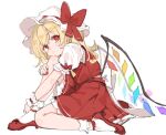  1girl blonde_hair blush bow crystal flandre_scarlet full_body hat hat_ribbon looking_at_viewer mary_janes mob_cap paragasu_(parags112) puffy_short_sleeves puffy_sleeves red_bow red_eyes red_footwear red_nails red_ribbon red_skirt red_vest ribbon shirt shoes short_sleeves sitting skirt skirt_set socks solo touhou vest white_background white_legwear white_shirt wings wrist_cuffs 