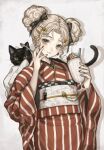  1girl black_cat cat cherry cracked_skin cup curly_hair drinking_straw food food-themed_hair_ornament fruit hair_ornament highres holding holding_cup holding_spoon japanese_clothes kimono looking_at_viewer milkshake original retro_artstyle sayosny2 simple_background solo spoon white_hair yellow_eyes 