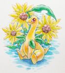  bayleef closed_mouth commentary_request flower full_body highres looking_at_viewer masshu_(shu_123426) no_humans painting_(medium) pokemon pokemon_(creature) red_eyes sitting smile solo traditional_media watercolor_(medium) yellow_flower 