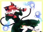  1girl :d animal_ears bow braid cat_ears cat_tail cube_iso dress extra_ears fangs fire flaming_skull floating_skull hair_bow hitodama kaenbyou_rin letterboxed long_hair long_sleeves looking_at_viewer multiple_tails nekomata open_mouth paw_pose red_eyes redhead skull smile solo tail touhou twin_braids two_tails 
