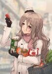  1girl basket black_gloves bottle brown_eyes can coat commentary_request gloves grey_hair groceries hat highres k_jie kantai_collection long_hair mini_hat official_alternate_costume pink_scarf pola_(kancolle) scarf shopping solo thick_eyebrows wavy_hair white_coat 