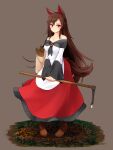  1girl absurdres animal_ears boots brooch brown_hair dress highres hoe imaizumi_kagerou jewelry light_smile long_hair long_sleeves looking_at_viewer nama_shirasu off-shoulder_dress off_shoulder red_eyes solo tail touhou white_dress wolf_ears wolf_girl wolf_tail 