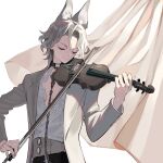 1boy absurdres animal_ear_fluff animal_ears chain chain_leash closed_eyes closed_mouth commission corset grey_hair hair_between_eyes highres holding holding_instrument instrument kokonotsunbai leash male_focus music original playing_instrument shirt_tucked_in simple_background skeb_commission smile solo violin white_background 