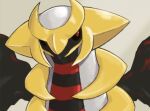  aberu_(ycrr3542) black_sclera colored_sclera commentary_request giratina giratina_(altered) grey_background horns looking_to_the_side no_humans pokemon pokemon_(creature) red_eyes solo upper_body 