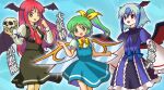  3girls :d ;d bat_wings black_skirt black_vest black_wings blue_background blue_bow blue_dress blue_hair blush bow bowtie character_name collarbone commentary_request cowboy_shot daiyousei dress dress_shirt fairy_wings green_eyes green_hair hair_bow head_wings highres holding holding_skull juliet_sleeves koakuma long_hair long_sleeves looking_at_viewer low_wings misaki_(originalsin) multicolored_hair multiple_girls multiple_wings necktie one_eye_closed pinafore_dress puffy_short_sleeves puffy_sleeves red_eyes red_necktie red_wings redhead shirt short_hair short_sleeves side_ponytail sidelocks simple_background single_head_wing skirt skirt_set skull sleeping smile standing tokiko_(touhou) touhou two-tone_hair very_long_hair vest white_hair white_shirt wide_sleeves wings yellow_bow yellow_bowtie 