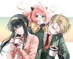  1boy 1yeol_eum 2girls anya_(spy_x_family) bangs black_hair blonde_hair blush child coffee_cup cup disposable_cup food food_on_face hairband highres holding icing long_hair multiple_girls open_mouth pink_hair shirt short_hair sidelocks smile spy_x_family twilight_(spy_x_family) yor_briar 